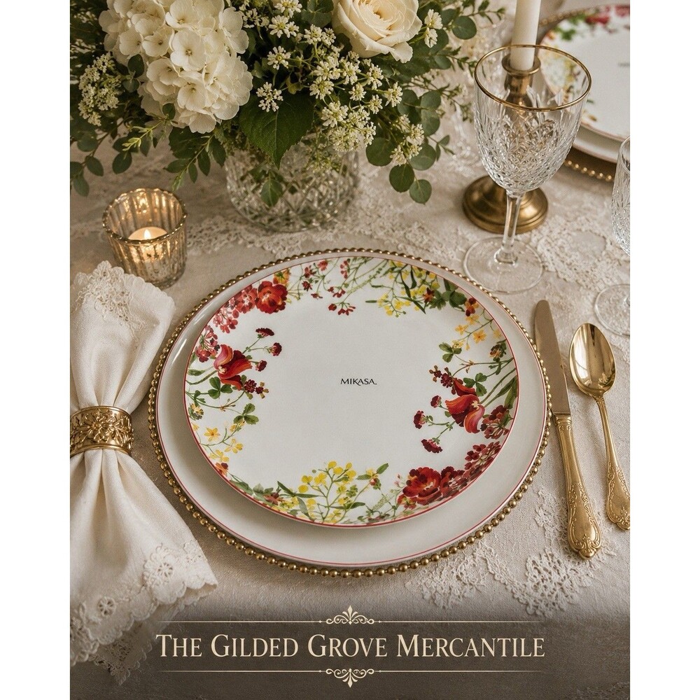 NEW Mikasa Wildflower Garden Red 11" Bone China Dinner Plates Set of 4